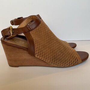 Franco Sarto Martha Wedge Slingback 3”Heel Sandal Tan Suede & Brown Leather 9.5